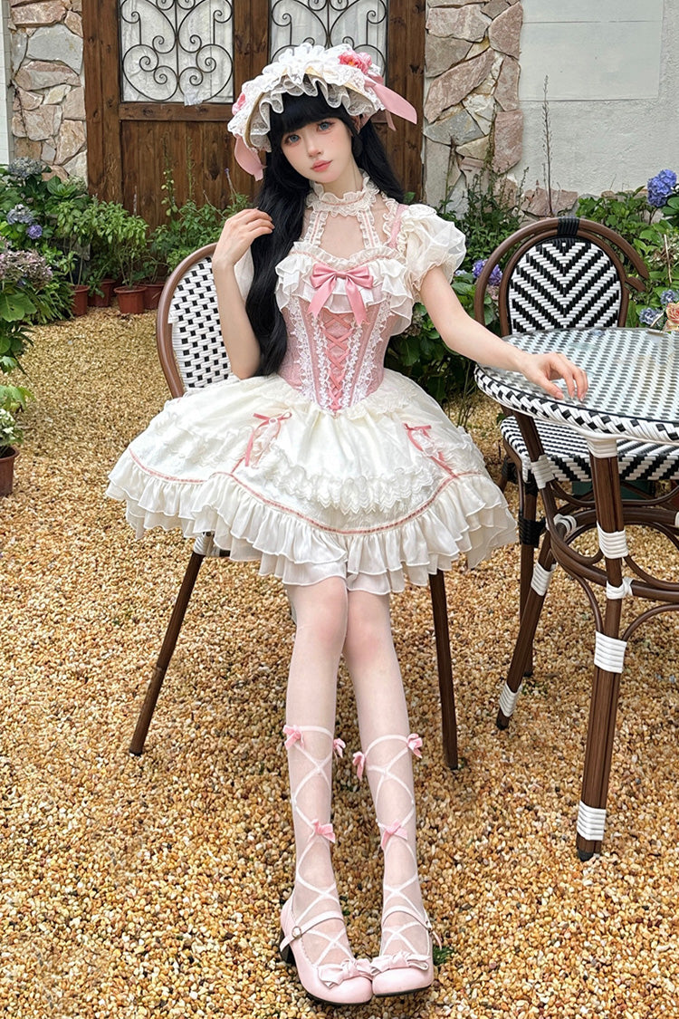 White/Pink Secret Garden Multi-layer Ruffle Bowknot Lace-Up Sweet Princess Lolita Jsk Dress