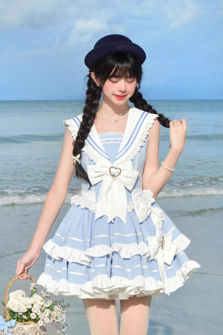 Light Blue Navy Style Sleeveless Double Layer Ruffle Bowknot Lace Sweet Lolita Dress