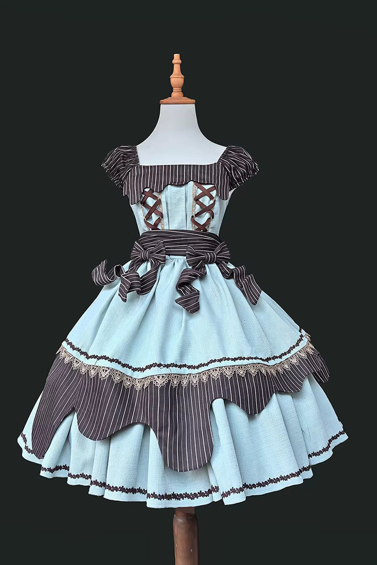 Strawberry and Mint Chocolate Double-Layered Printed Bow Lace-Up Irregular Sweet Lolita Dress 2 Colors