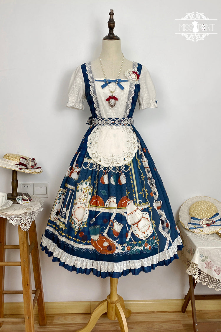 Dark Blue Tea Party Short Sleeves Print Ruffle Bowknot Lace Sweet Elegant Lolita Dress