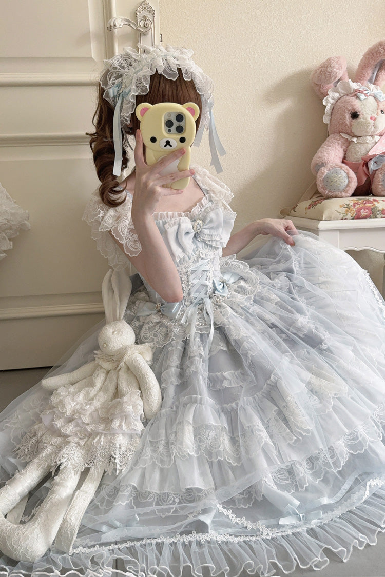 Blue Eternal Vow Sleeveless Multi-Layered Ruffle Hanayome Bowknot Lace Lace-Up Sweet Lolita Jsk Dress