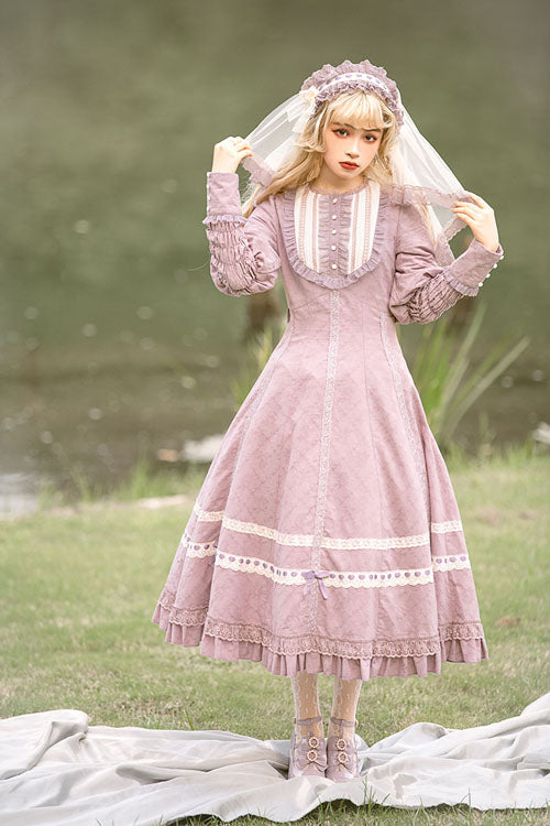 Purple Cross Dark Church Elegant Lace Long Sleeves Ruffled Classic Lolita OP Dress
