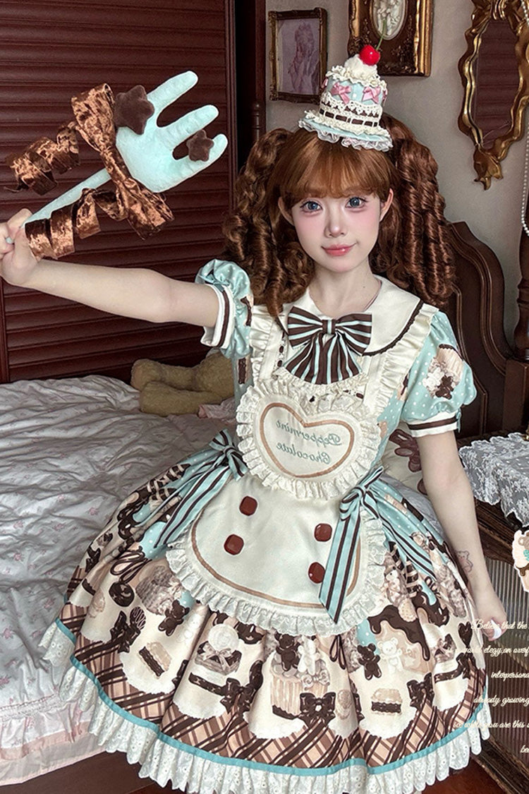 Brown Peppermint Chocolate Chocolate Cake Bear Print Ruffle Bowknot Lace-Up Sweet Lolita Dress