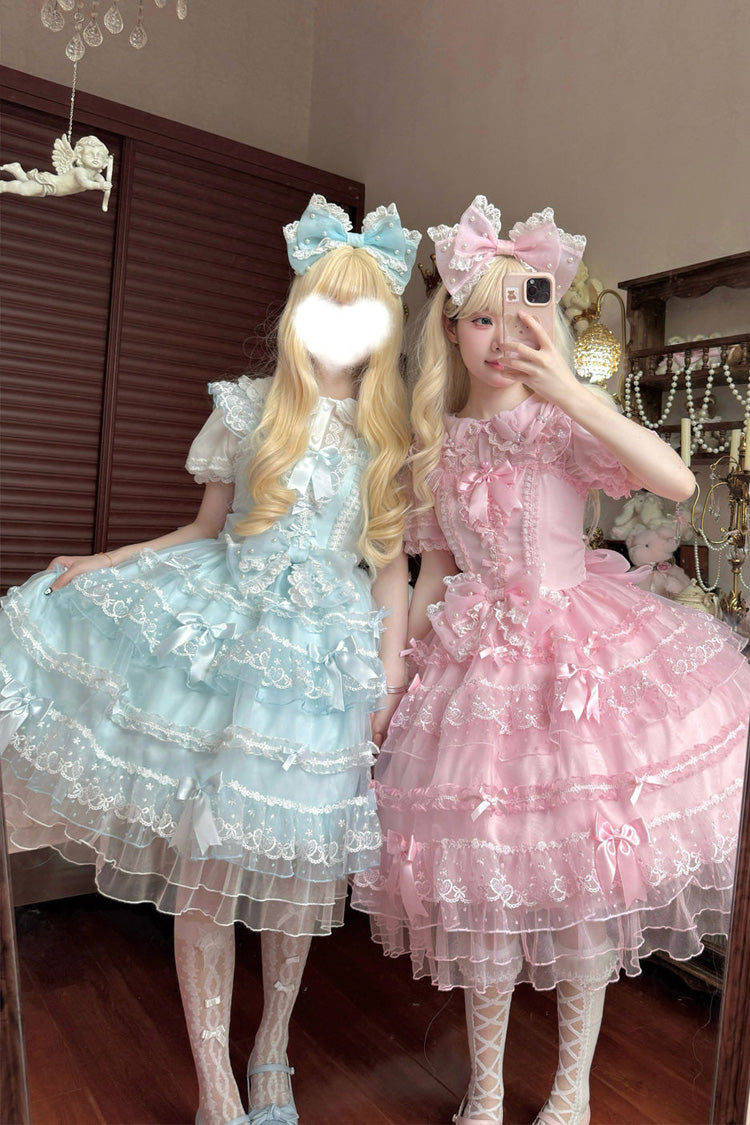 Pink Lotus Butterfly Heart Multi-Layered Ruffle Hanayome Bowknot Lace Sweet Lolita Jsk Dress