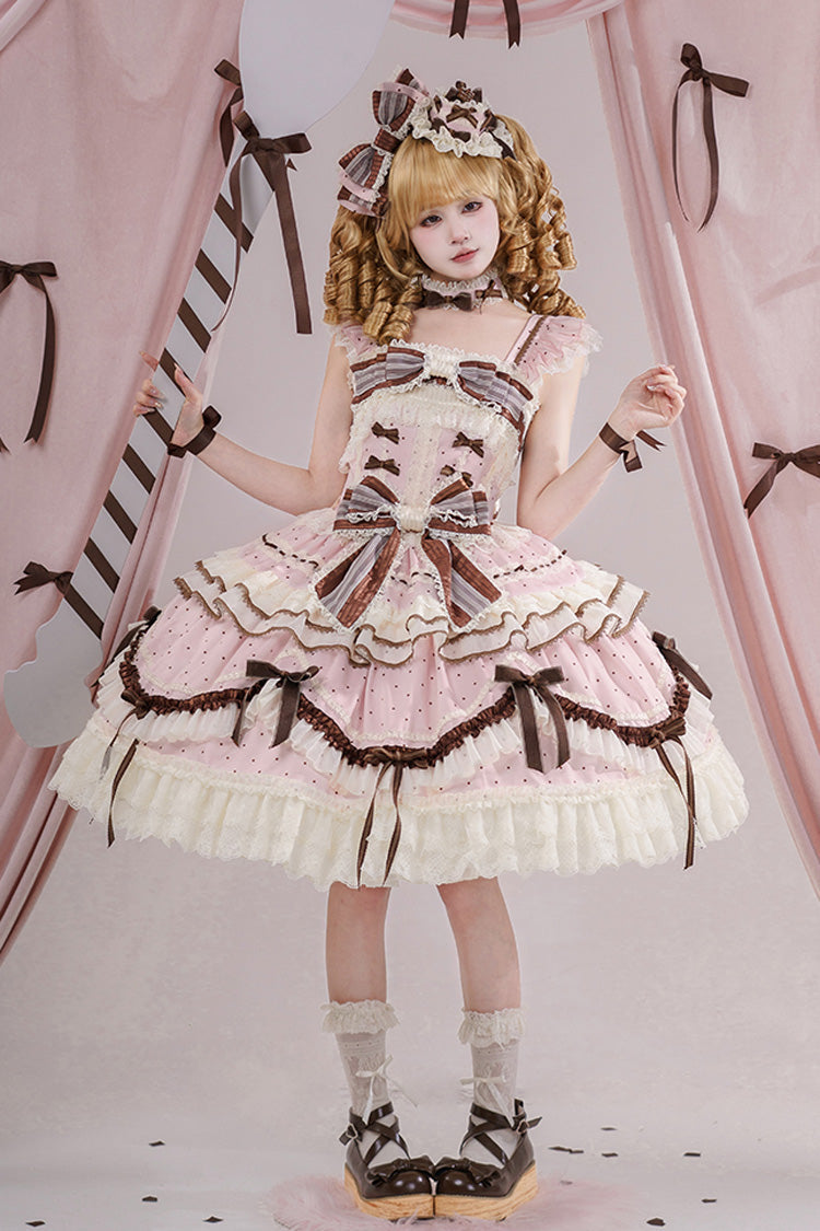 Pink Shengqiao Tata Sleeveless Print Ruffle Bowknot Lace-Up Sweet Elegant Lolita Jsk Dress