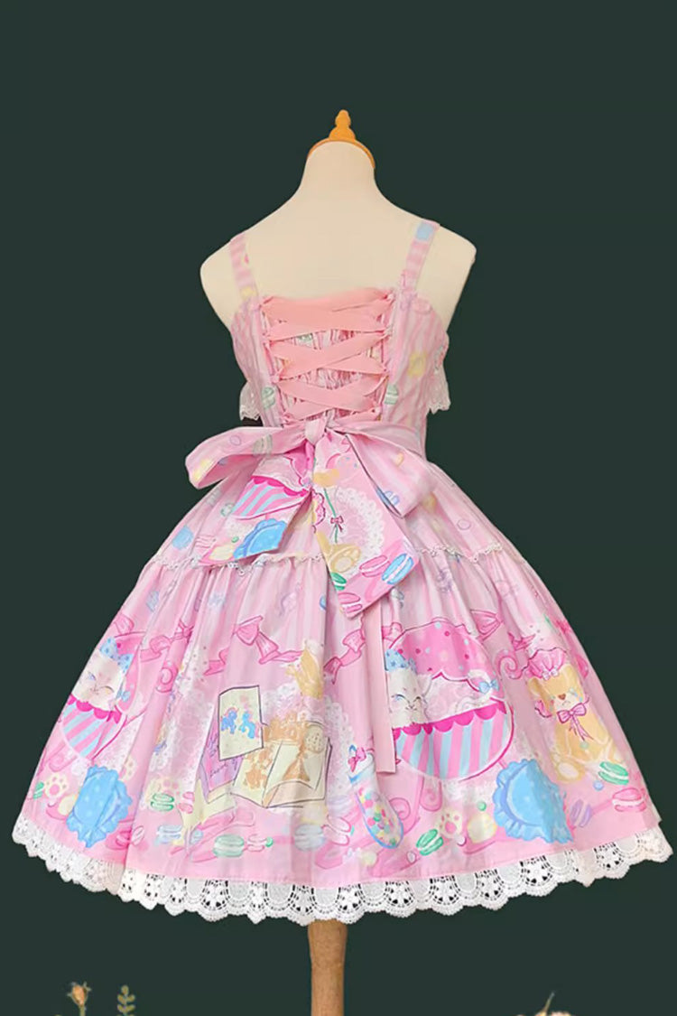 Pink Macaron Dolly House Sleeveless Print Bowknot Sweet Lolita Jsk Dress