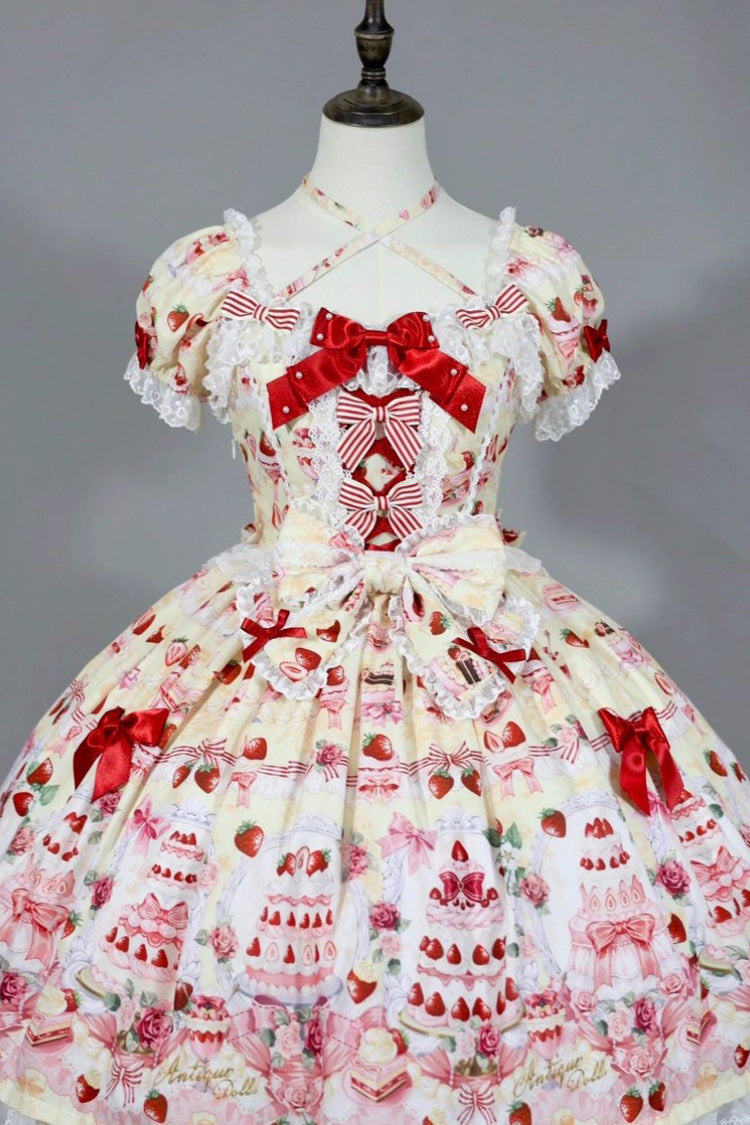 Strawberry Cake Bouquet Print Square Collar Short Sleeves Bowknot Lace Sweet Lolita Dress 3 Colors