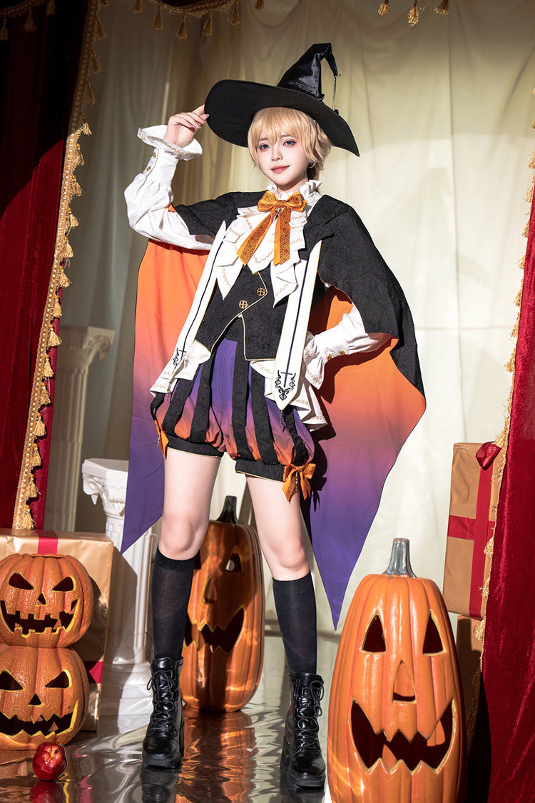 Black/Brown Little Devil Stand Collar Long Sleeves Gradient Print Ruffle Bowknot Gothic Prince Ouji Lolita Set