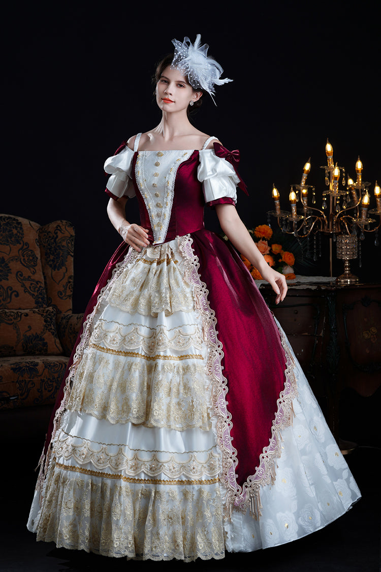 Red/Apricot Off Shoulder Short Sleeves Ruffle Cardigan Bowknot Lace Classic Princess Palace Lolita Victorian Dress