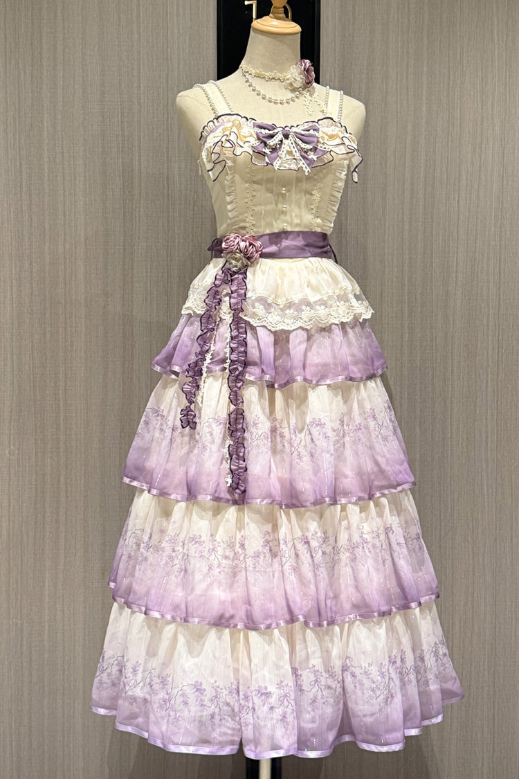 Purple Lilac Thoughts Sleeveless Gradient Multi-Layered Print Ruffle Bowknot Lace Sweet Lolita Dress Set