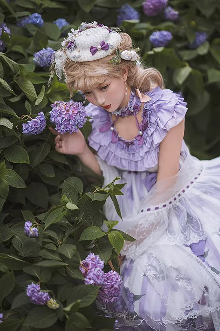 Purple Endless Summer Round Collar Sleeveless Hime Sleeves Printed Ruffled Bow Lace Sweet Lolita Dress