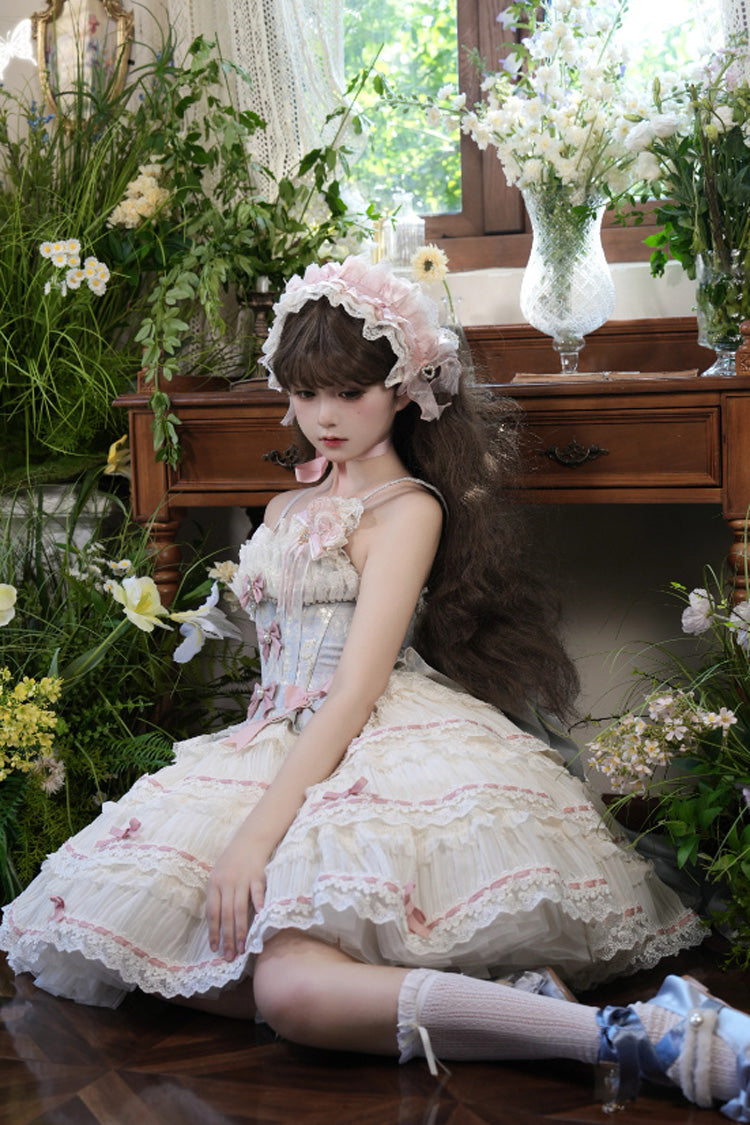 Blue/Apricot Sea Salt Souffle Sleeveless Multi-Layered Bowknot Lace Sweet Ballet Lolita Jsk Dress