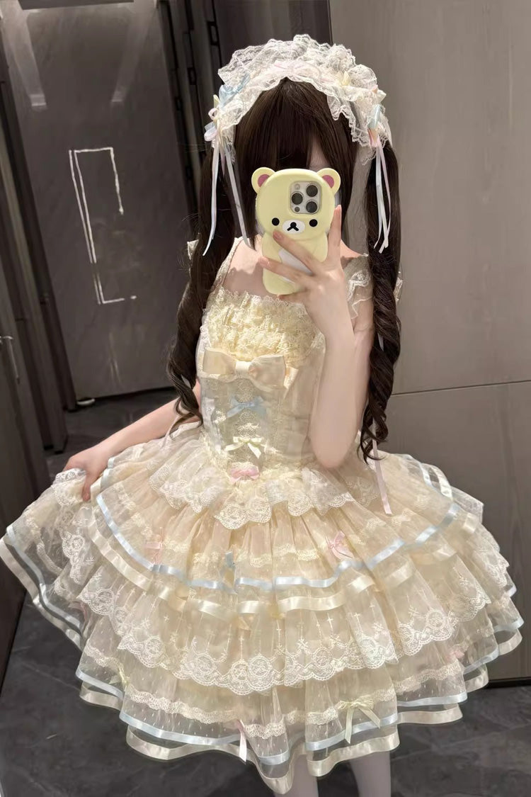 Apricot Butterfly Heart Ballet Triple-Layered Ruffle Bowknot Lace Sweet Ballet Lolita Jsk Dress