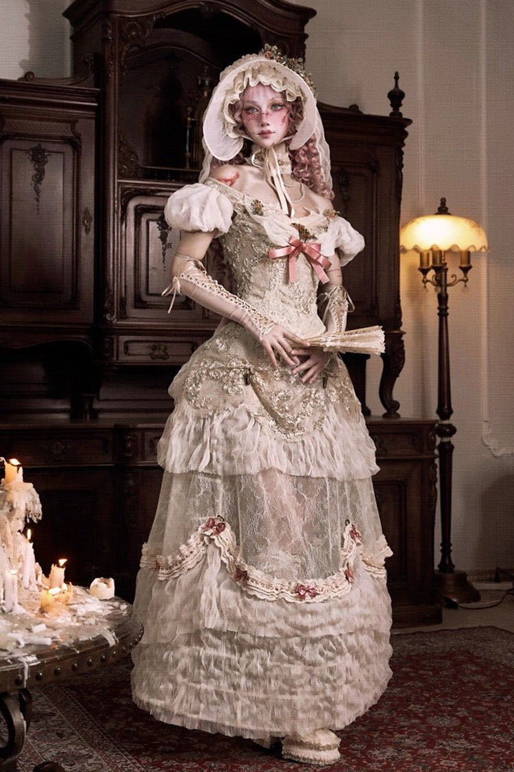 Light Brown Cupid's Poetry Box Boat Neck Short Puff Sleeves Ruffled Cut-Out Embroidered Bow Lace Gothic Elegant Lolita Skirt Dress and Top Set