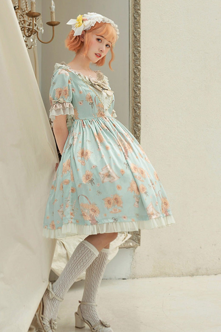 Green Miss Sunflower Short Sleeves Printed Ruffled Bow Sweet Lolita Dress