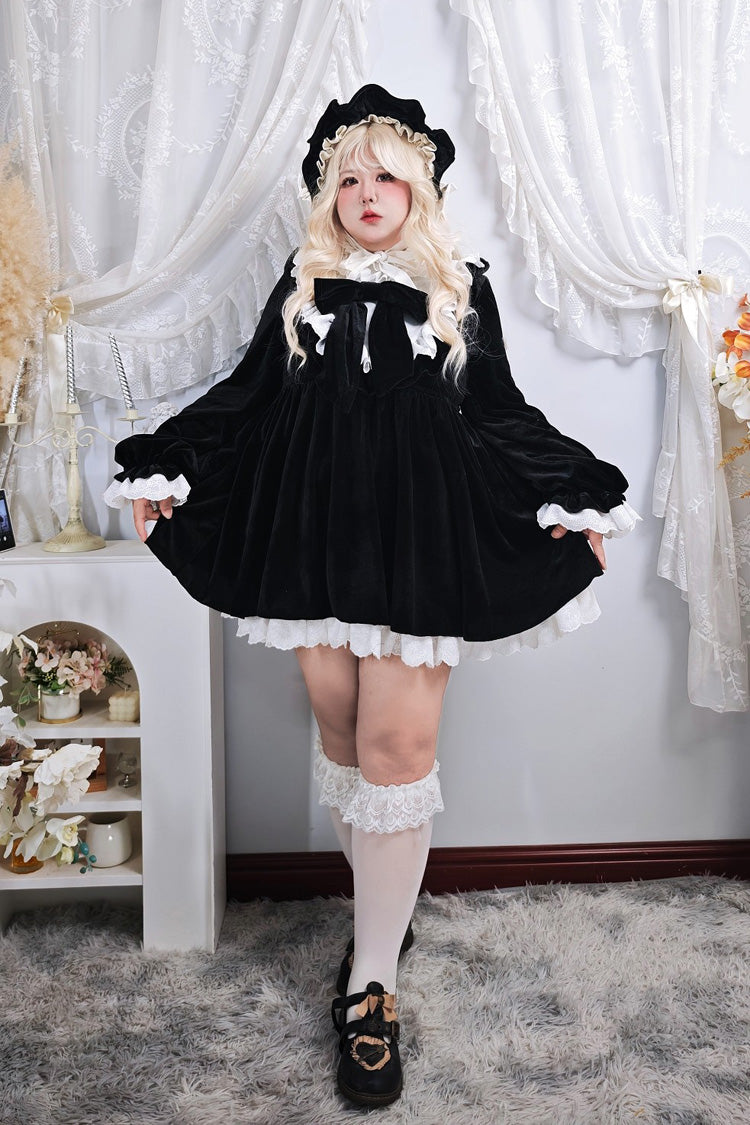 Black Antique Velvet Doll Stand Collar Long Sleeves Ruffled Bow Gothic Plus Size Lolita Dress