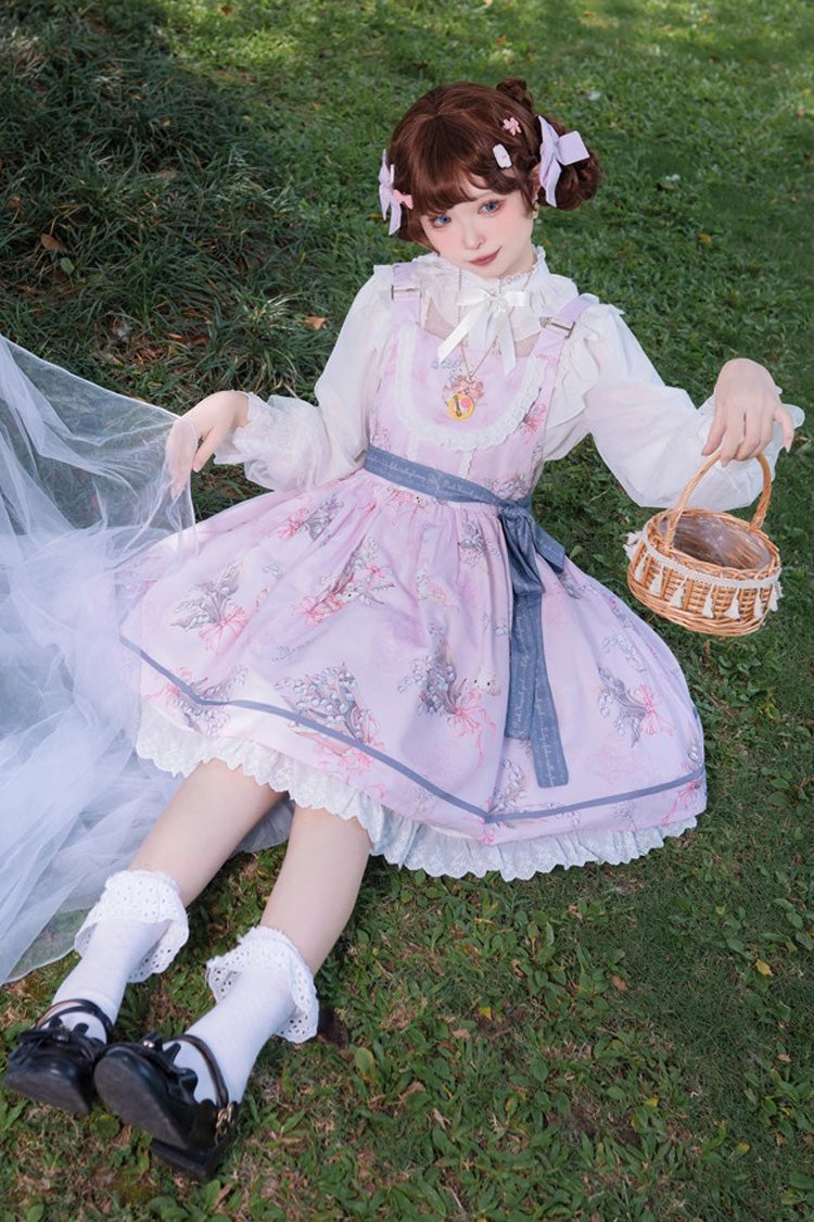 Pink Lily of the Valley Rabbit Sleeveless Print Ruffle Bowknot Daily Sweet Lolita Strap Dress
