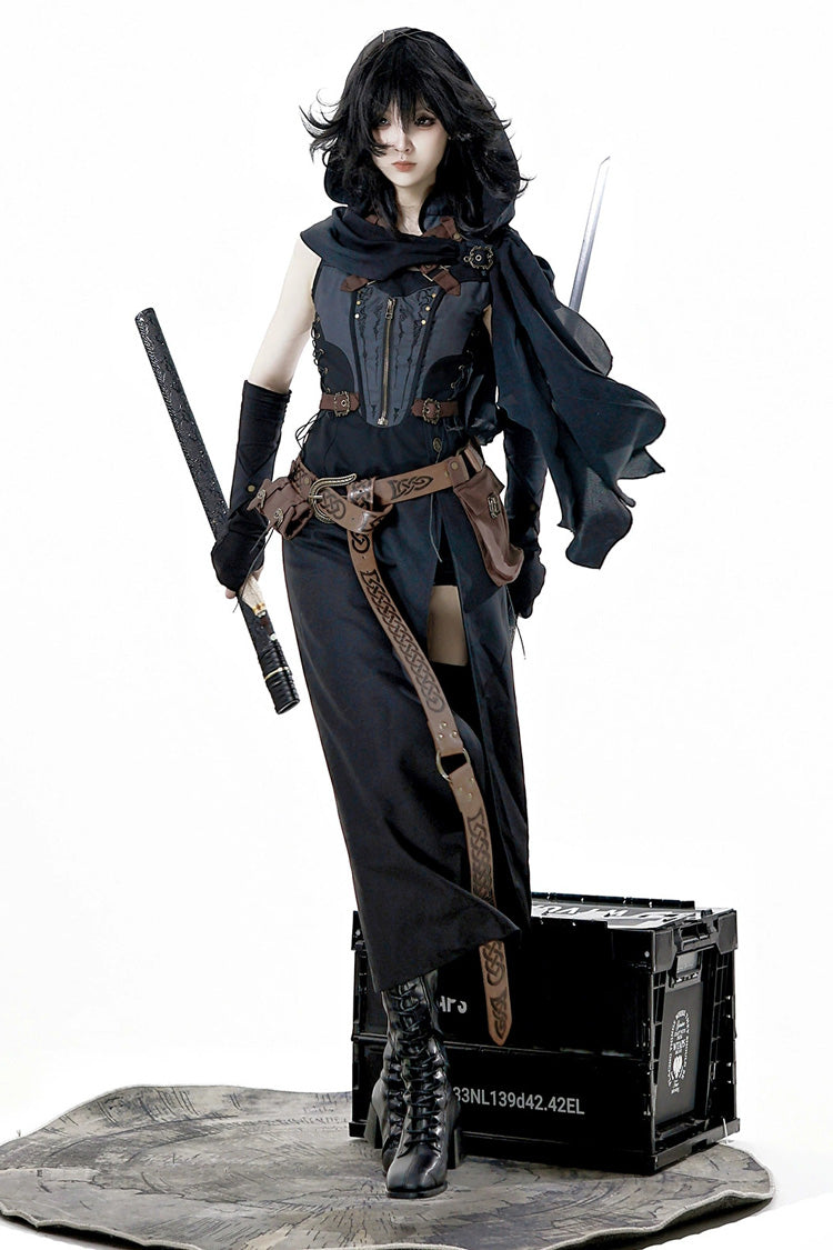 Black Shadow Wasteland Sleeveless Lace-Up Zipper Punk Lolita Dress
