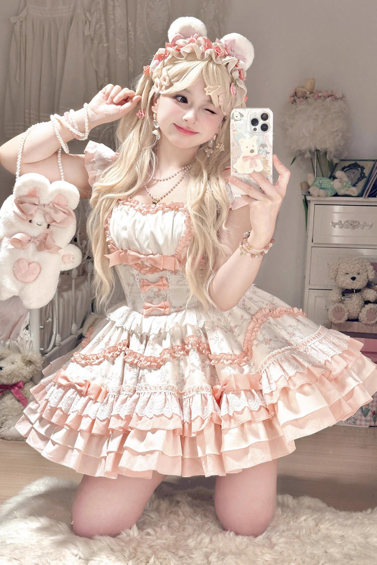 Floral Print Multi-layer Ruffle Bowknot Lace Sweet Lolita Tiered Dress 2 Colors