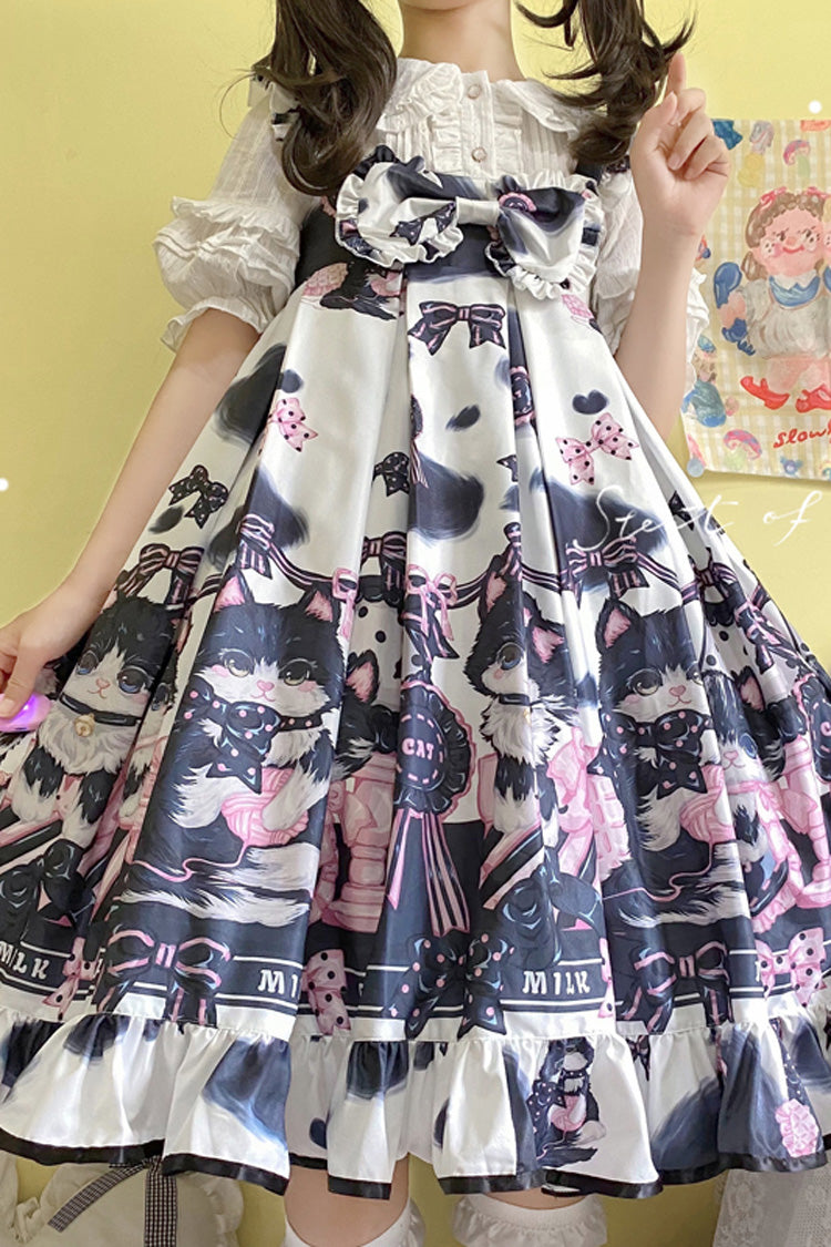 Multi-Color Cow Cat Print Ruffle Bowknot Sweet Lolita Jsk Dress