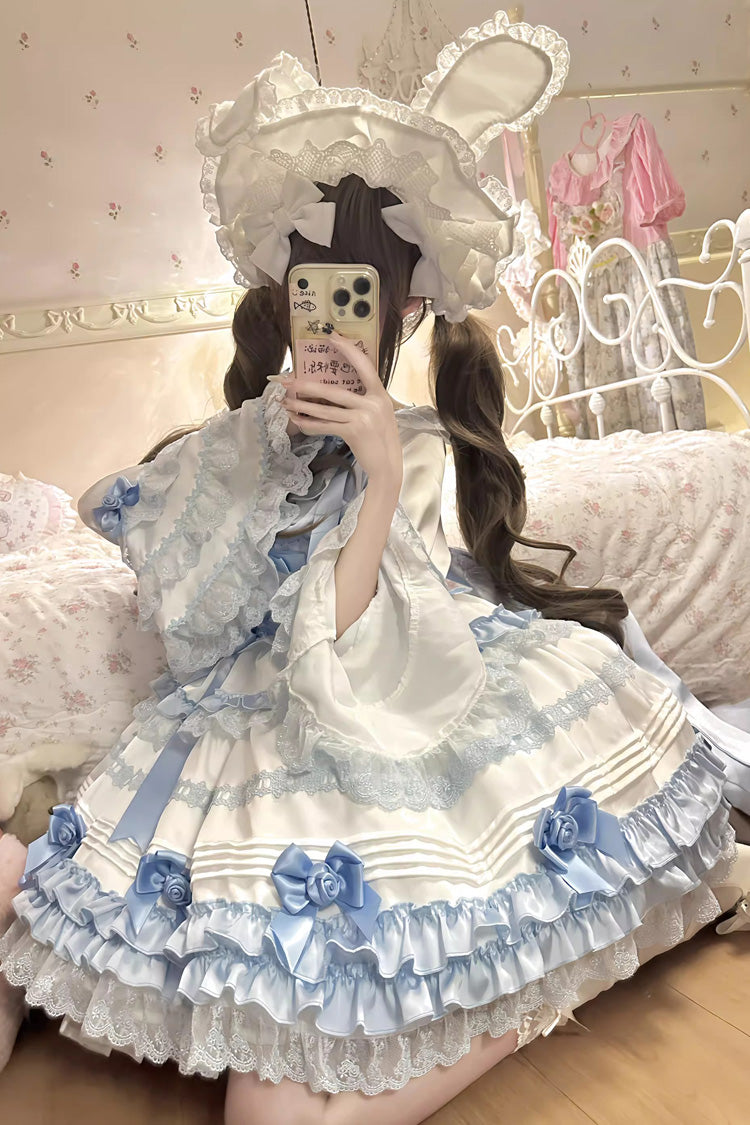 White/Blue Layered Sea Salt Ice Short Sleeves Ruffle Bowknot Lace Sweet Lolita Dress