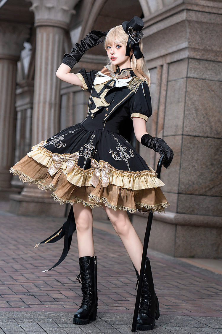 Black Gilded Oath Short Sleeves Double-Layered Ruffle Embroidery Bowknot Gothic Lolita Dress