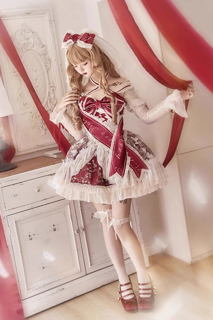 Red Lilibet Print Ruffle Cardigan Bowknot Lace Fishbone Sweet Lolita Dress