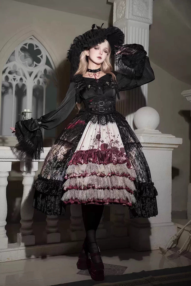Heretical Nun Sleeveless Multi-Layered Printed Ruffled Open-Front Gothic Plus Size Lolita Strap Dress Short Version 2 Colors