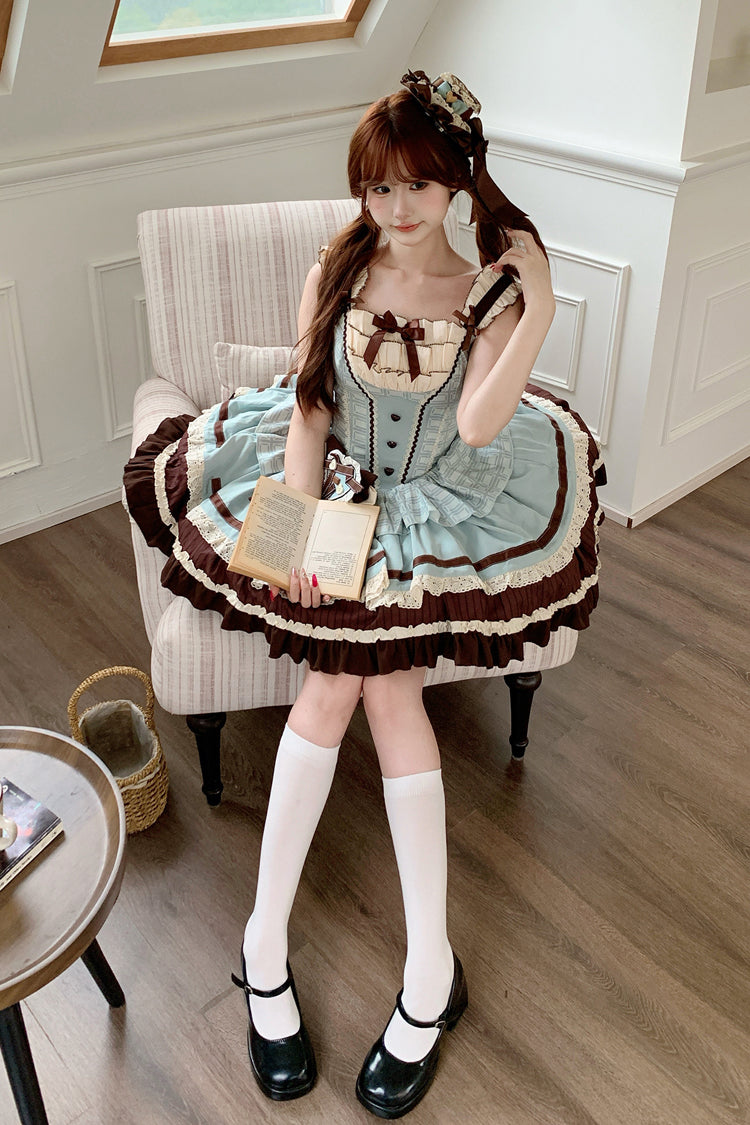 Green/Brown Mint Chocolate Sleeveless Triple-Layered Ruffle Bowknot Sweet Lolita Jsk Dress