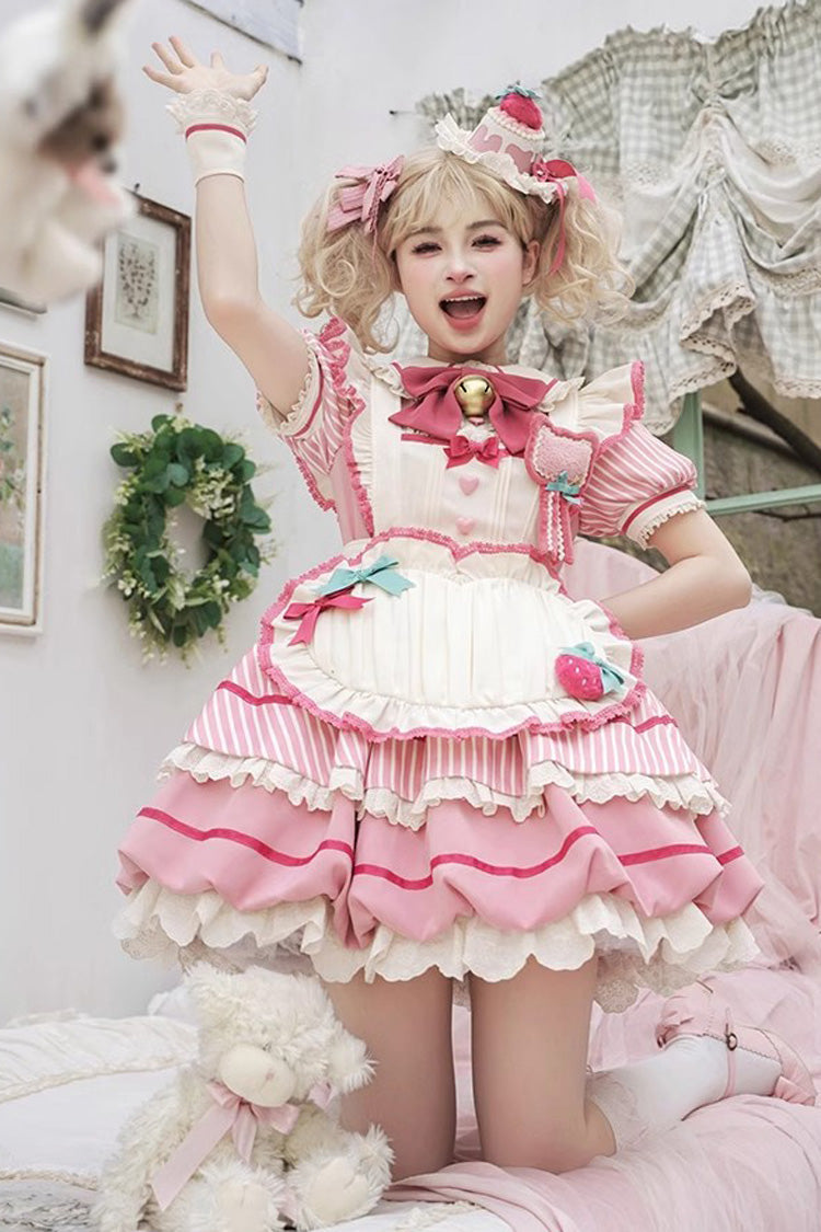 Pink Berry Bubbles Stripe Print Ruffle Bowknot Lace Sweet Lolita Dress