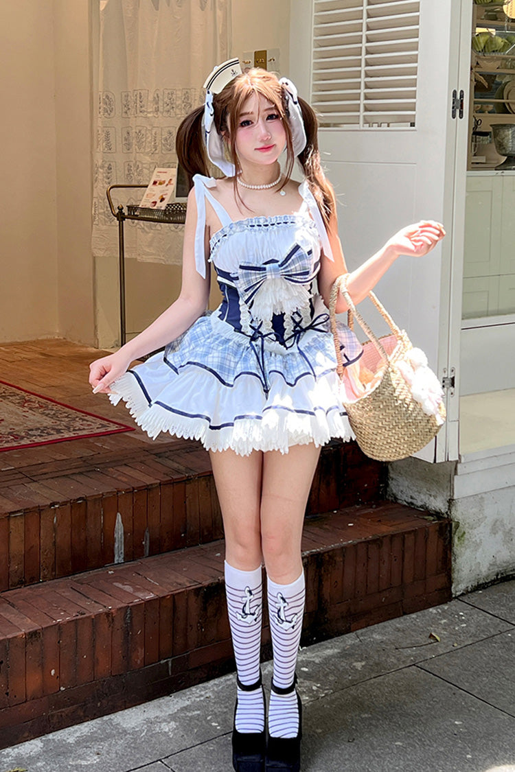 Blue/White Sailing Love Navy Collar Sleeveless Plaid Print Ruffle Bowknot Sweet Lolita Dress