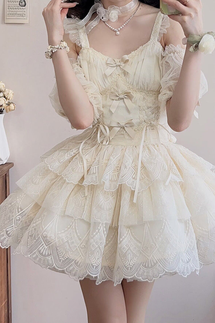Ivory Tidal Triple-Layered Ruffle Bowknot Sweet Lolita Skirt 2 Versions