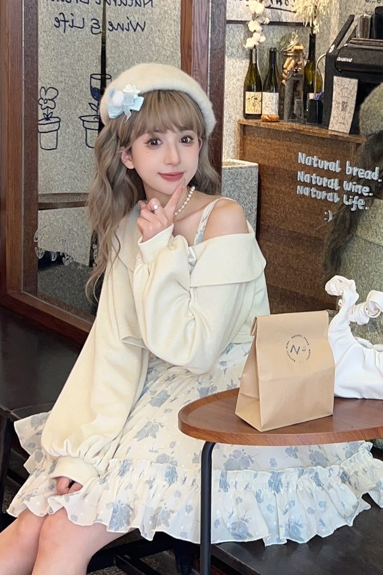 Blue Oblique Shoulder Print Ruffle Bowknot Lace Sweet Lolita Jsk Dress Set