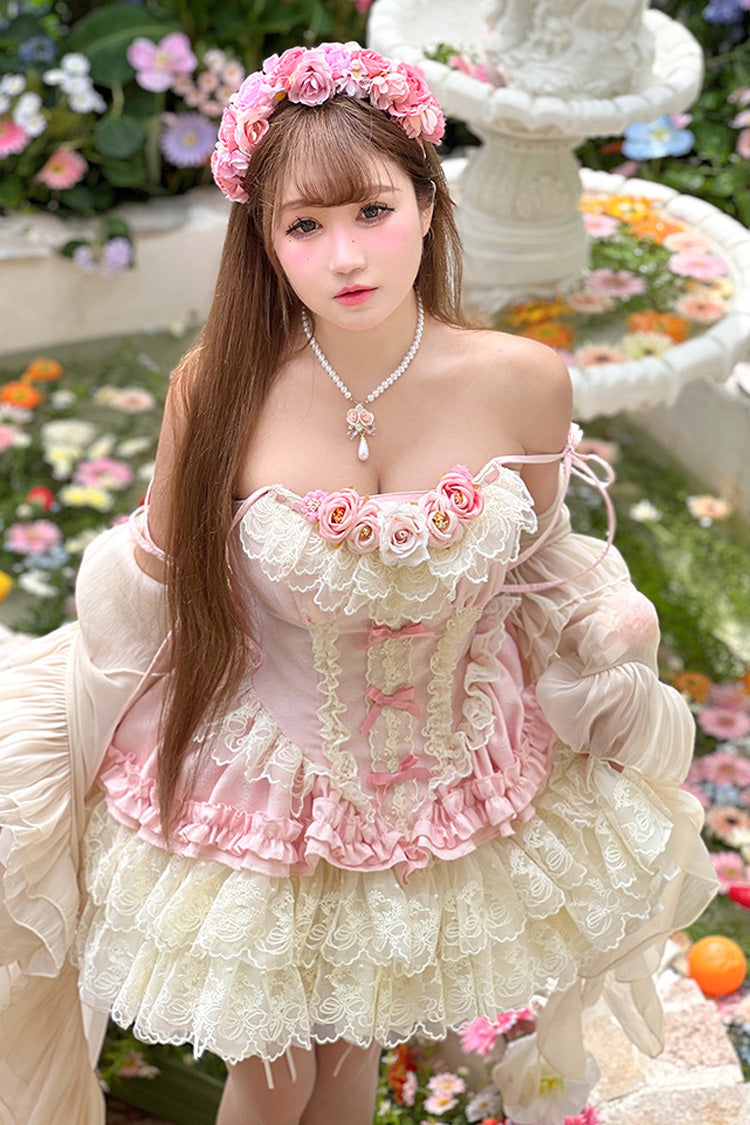 Pink Pure Dream Flower Love Multi-Layered Ruffle Embroidery Bowknot Lace Sweet Lolita Jsk Dress