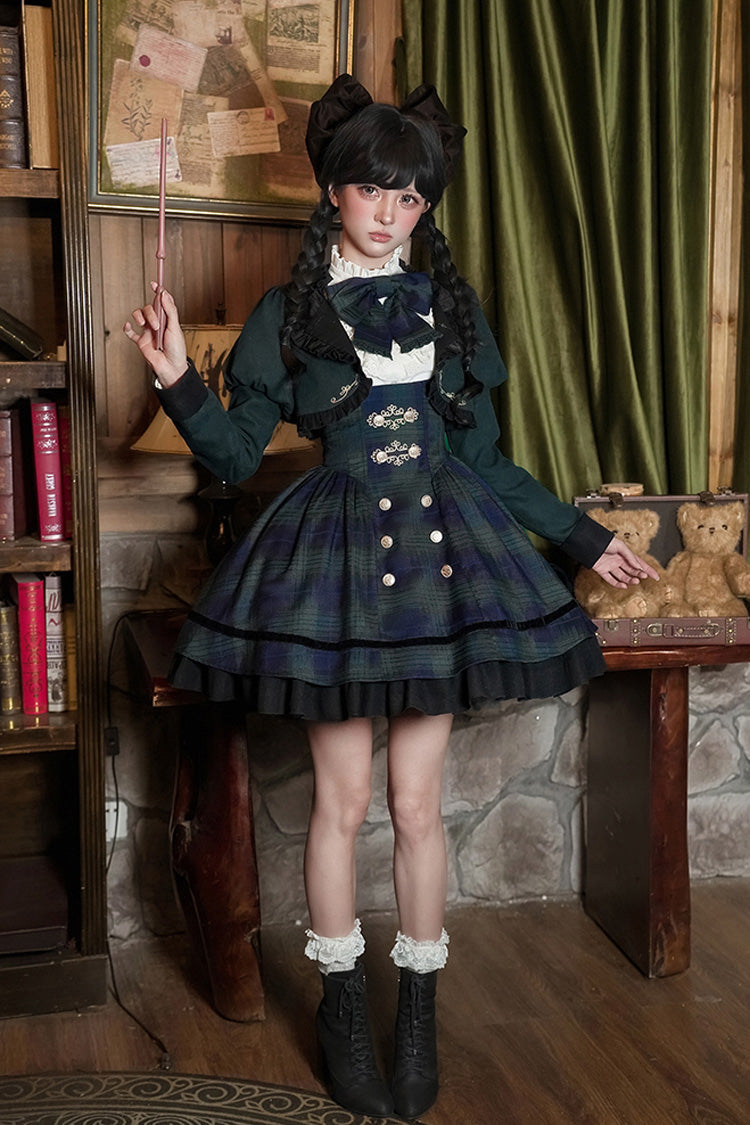 Blue/Green Berlin's letter Double-Layered Plaid Print Ruffle Bowknot Classic College Style Lolita Strap Dress Set 2 Versions