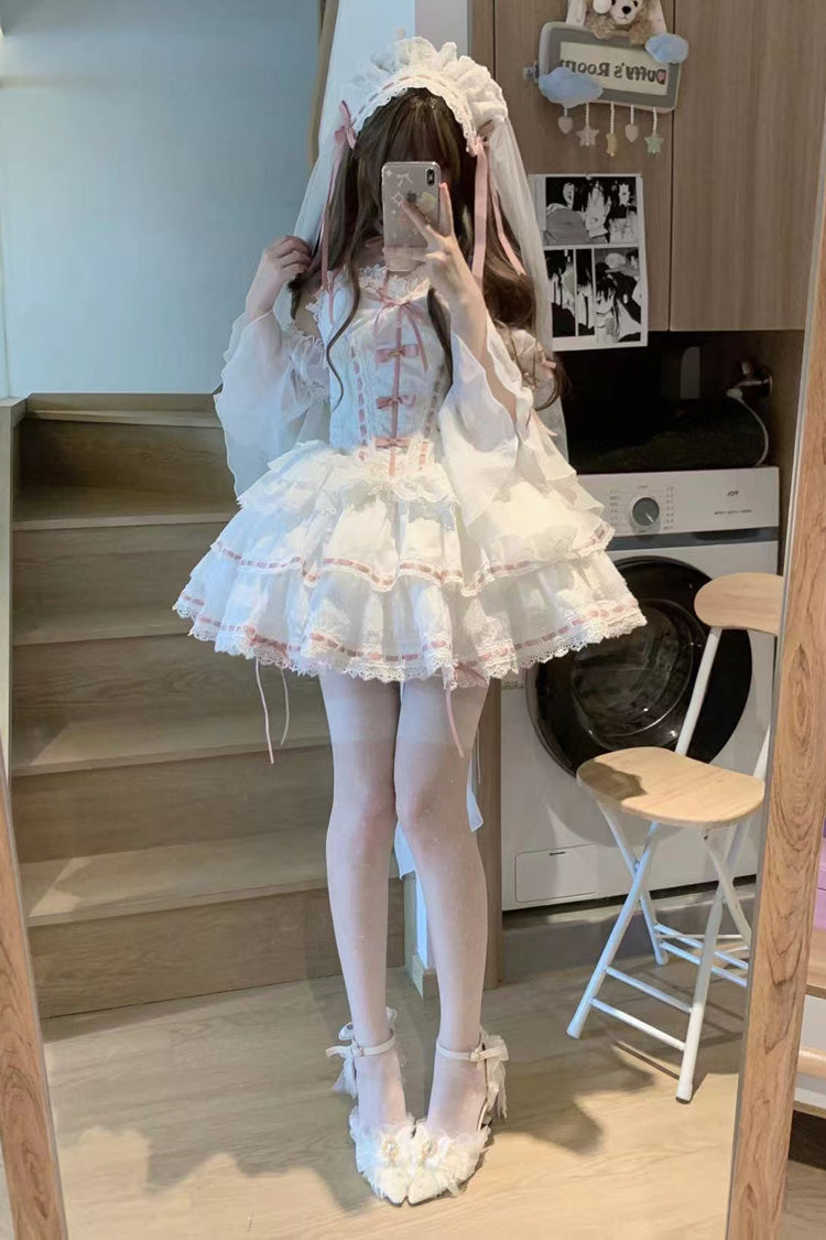 White Little Love Song Detachable Trumpet Sleeves Ruffle Bowknot Lace Sweet Lolita Top Skirt Set
