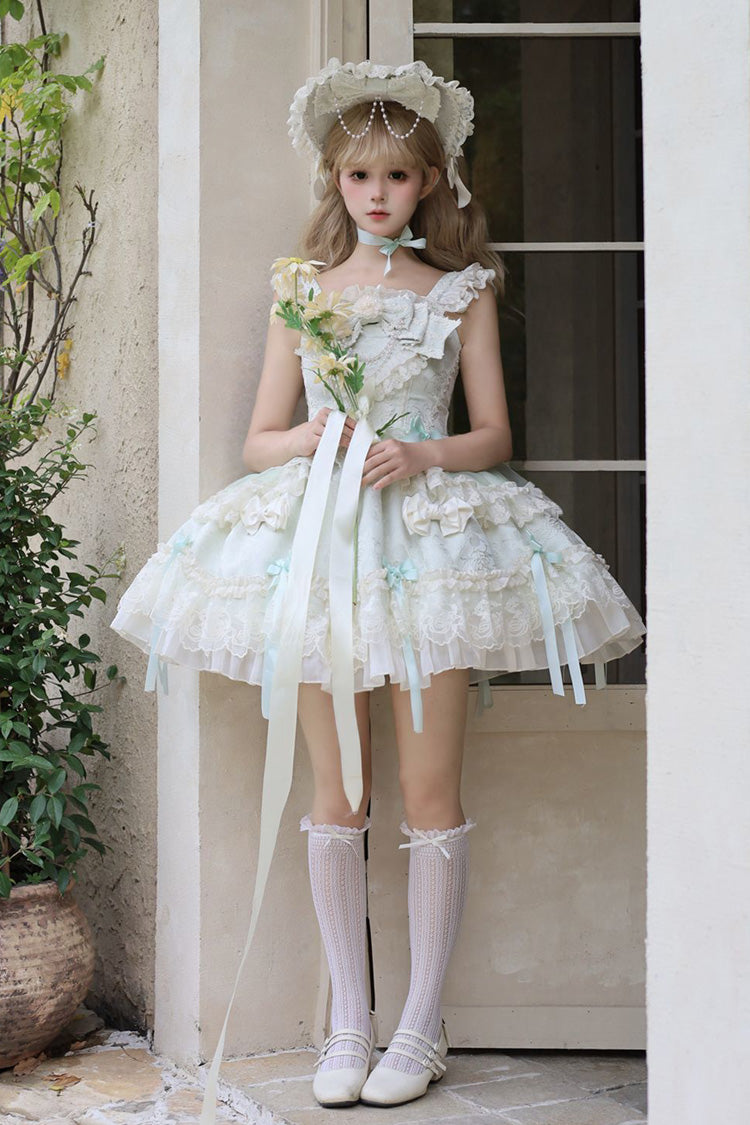 Green Blossoming Heart Love  Sleeveless Dark Jacquard Print Bowknot Lace Sweet Lolita Jsk Dress