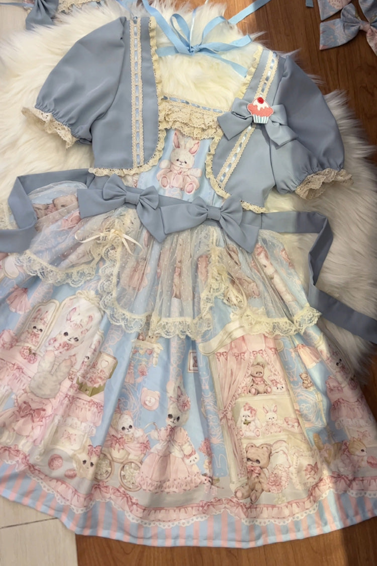 Rabbit Bear Wardrobe Print Ruffle Bowknot Sweet Lolita Dress 3 Colors