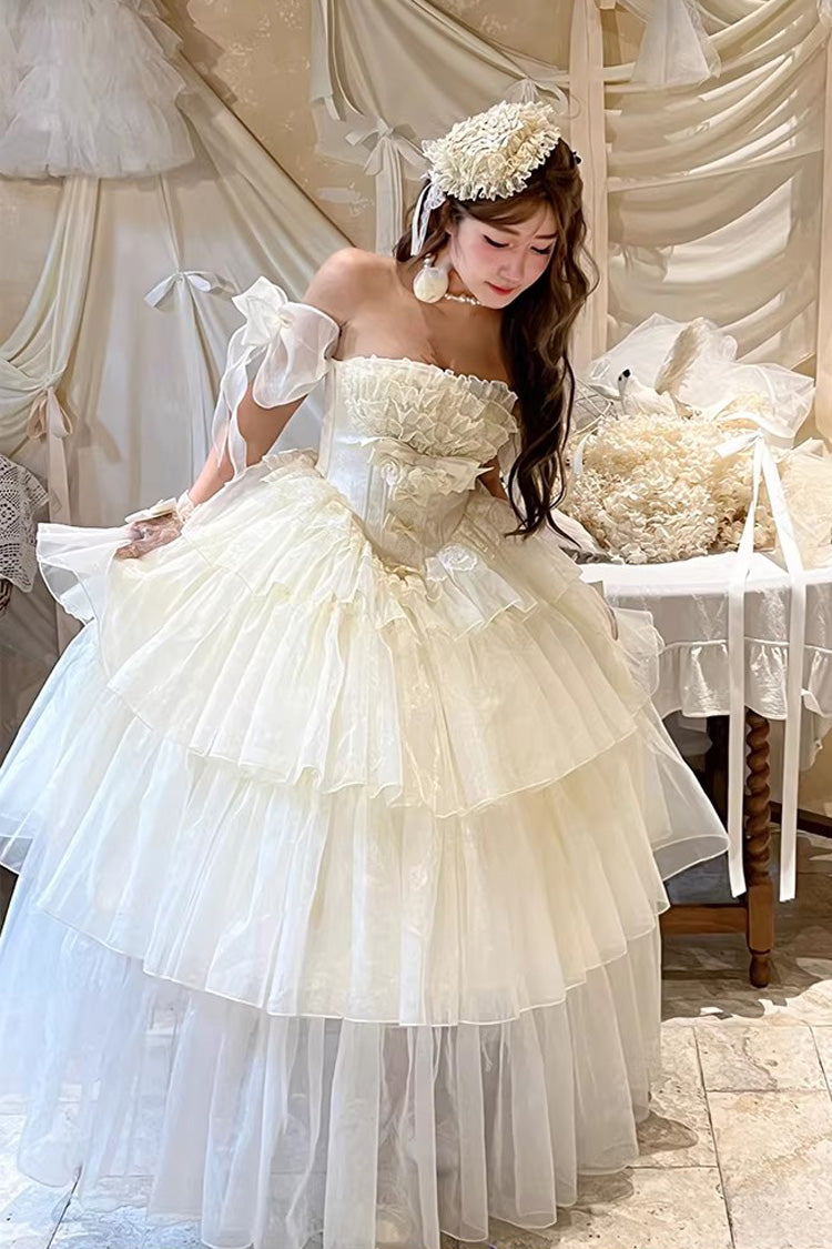 Beige Mousse Serenade Triple-Layered Ruffled Hanayome Bow Lace Sweet Princess Lolita Strapless Dress