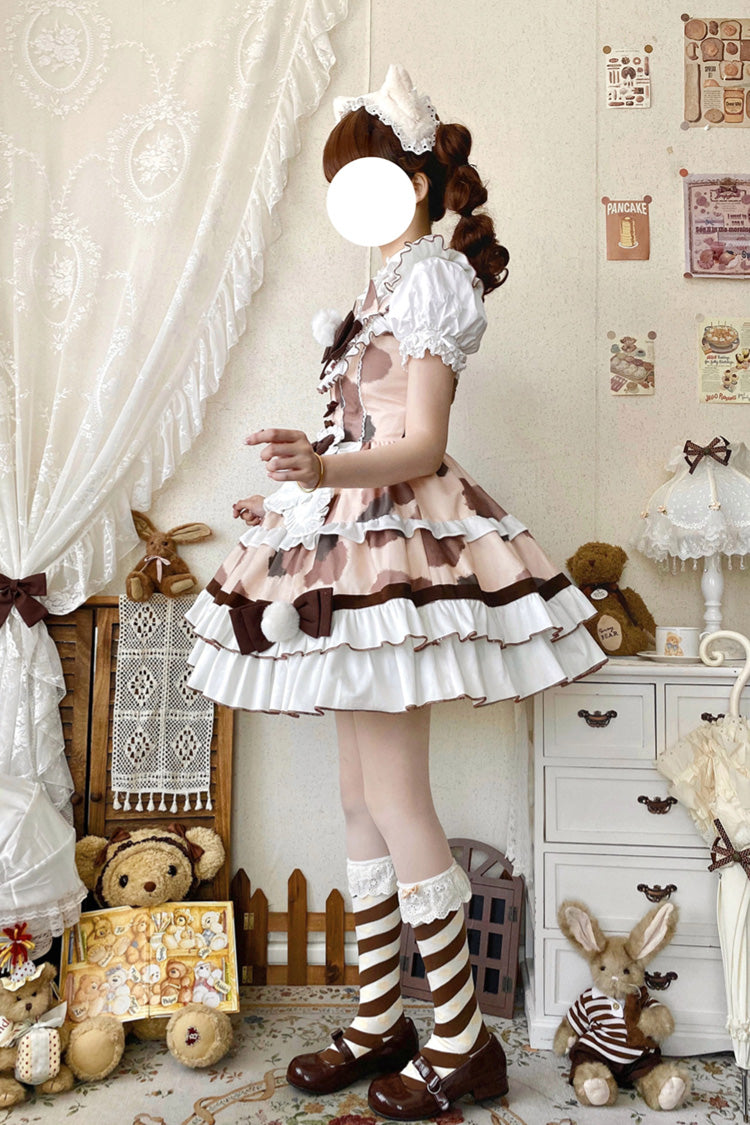 Brown Calico Cat Sleeveless Triple-Layered Printed Ruffled Bow Plush Sweet Lolita Jsk Dress