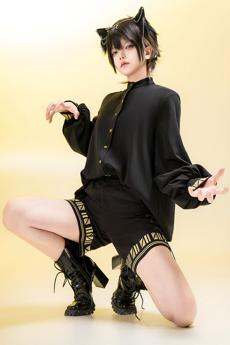 Black Black Cat Long Sleeves Print Embroidery Ouji Gothic Prince Handsome Lolita Blouse