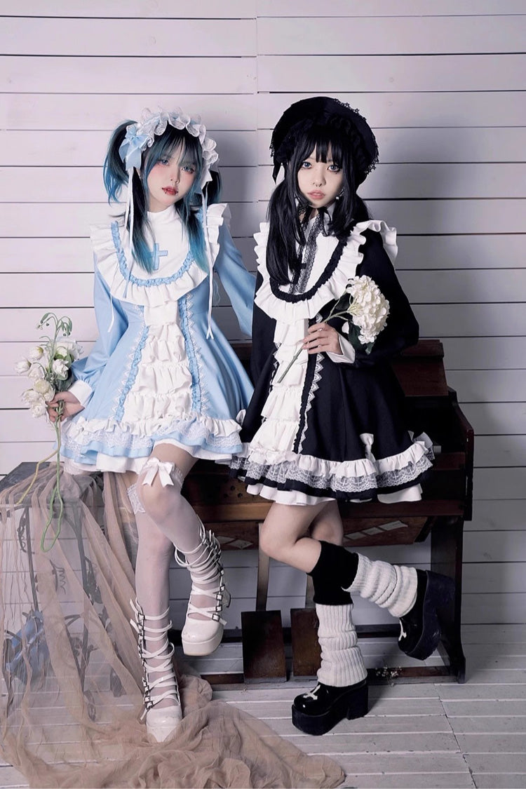 White/Blue Long Sleeves Multi-layer Cross Print Nun Style Ruffle Sweet Lolita Dress