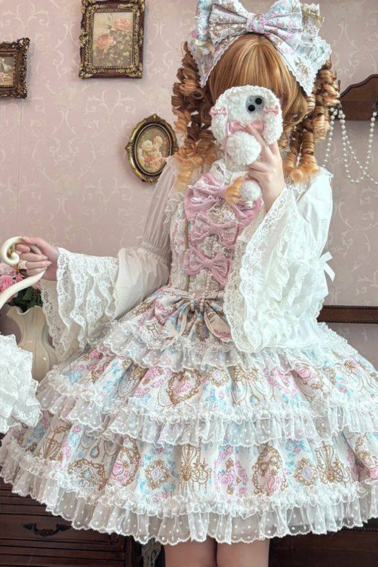 Apricot Candelabrum Elegy Sleeveless Triple-Layered Flower Wall Printed Ruffled Bow Lace Sweet Lolita Jsk Dress