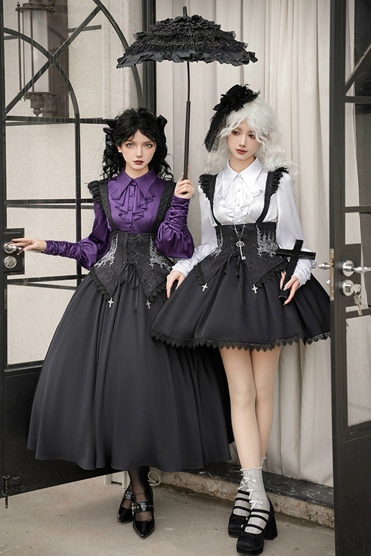Black Night of Thorns Sleeveless Embroidery Lace-Up Gothic Lolita Strap Breast Support Dress 2 Versions