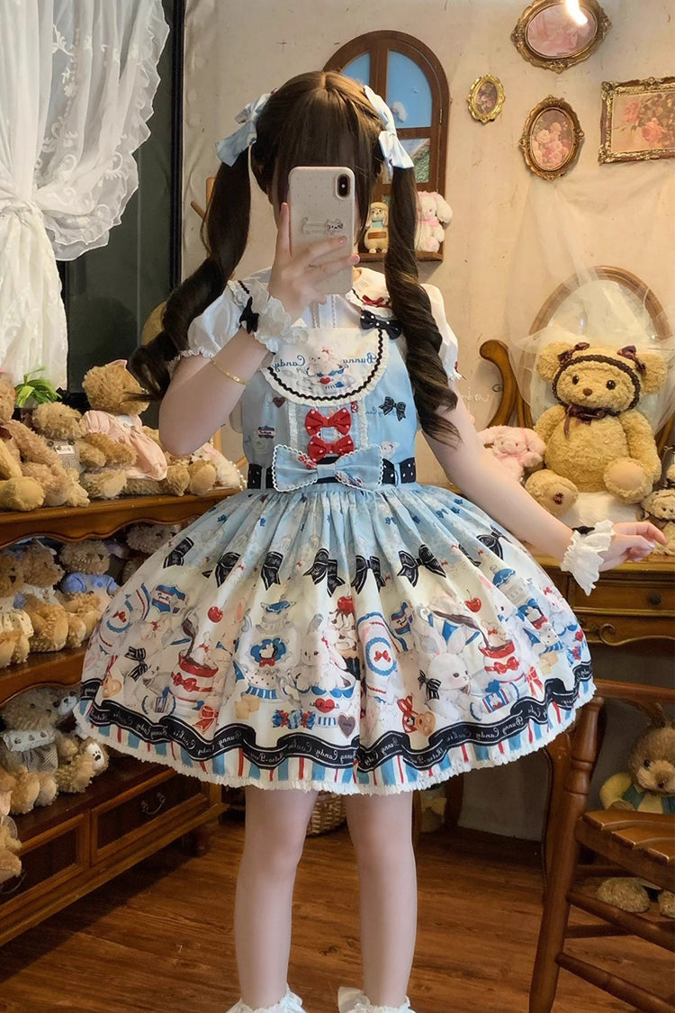 Blue Mystery Rabbit Tea Party Sleeveless Print Bowknot Lace Sweet Lolita Strap Dress