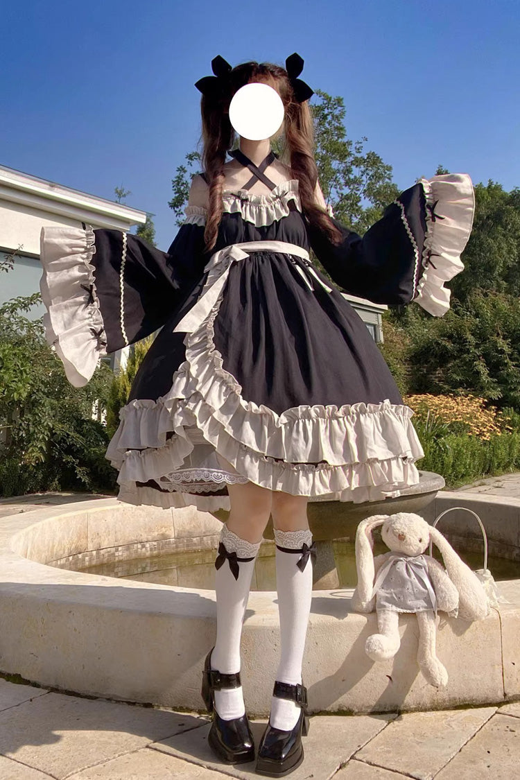 Black Monet Estate Sleeveless High Waisted Ruffle Bowknot Asymmetric Gothic Lolita Jsk Dress
