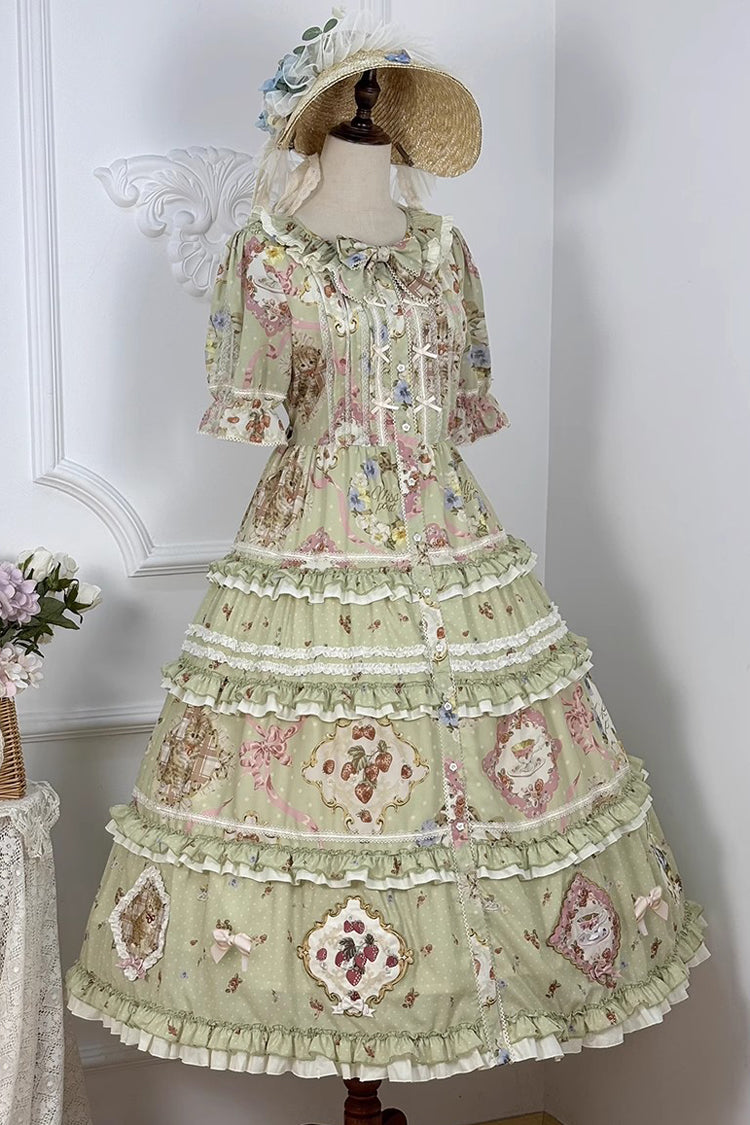 Green Cat Rose Tea Short Sleeves Print Ruffle Cardigan Bowknot Sweet Gorgeous Lolita Dress