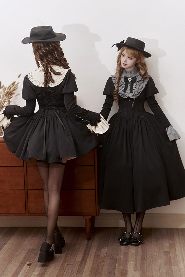 Black Old Testament Short Sleeves Ruffle Embroidery Bowknot Lace-Up Gothic Lolita Dress 2 Versions