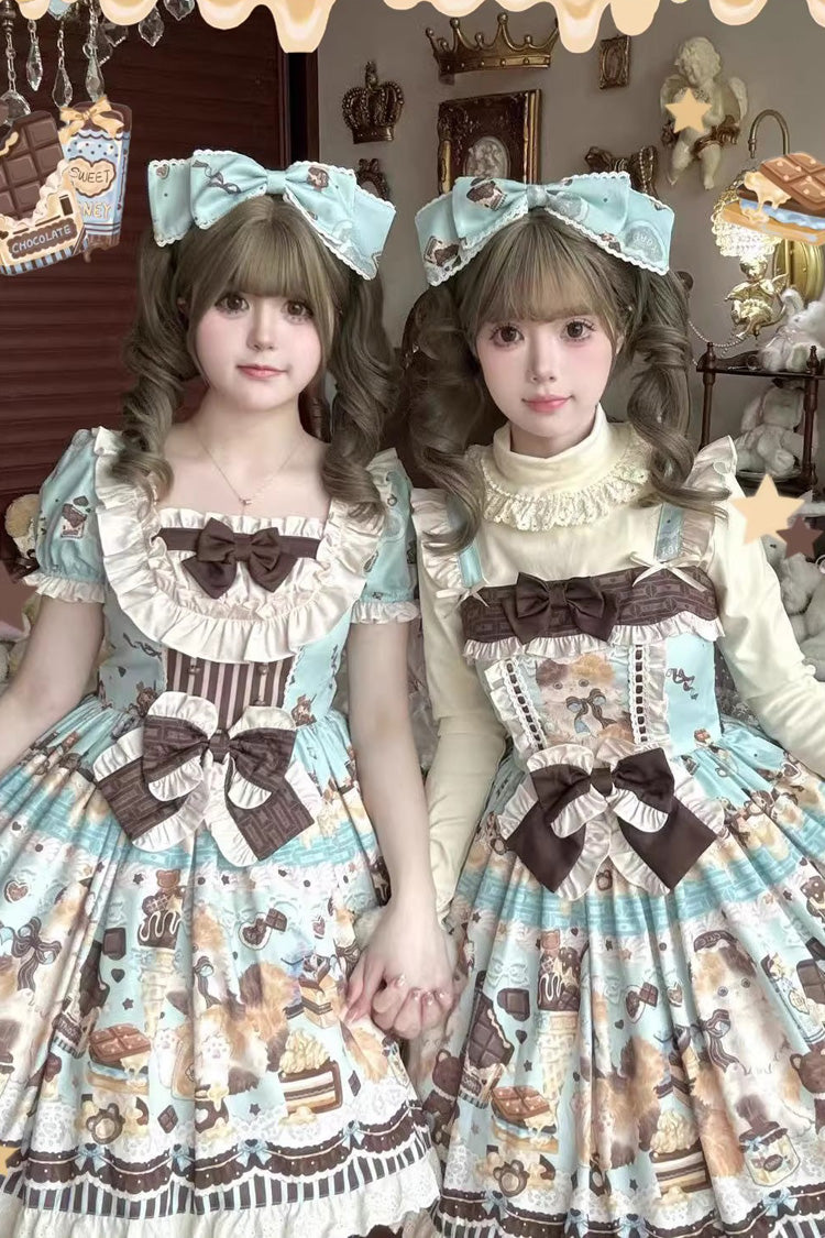 Chocolate Cake Party Square Collar Sleeveless Printed Ruffled Bow Daily Sweet Lolita Jsk Dress 2 Colors