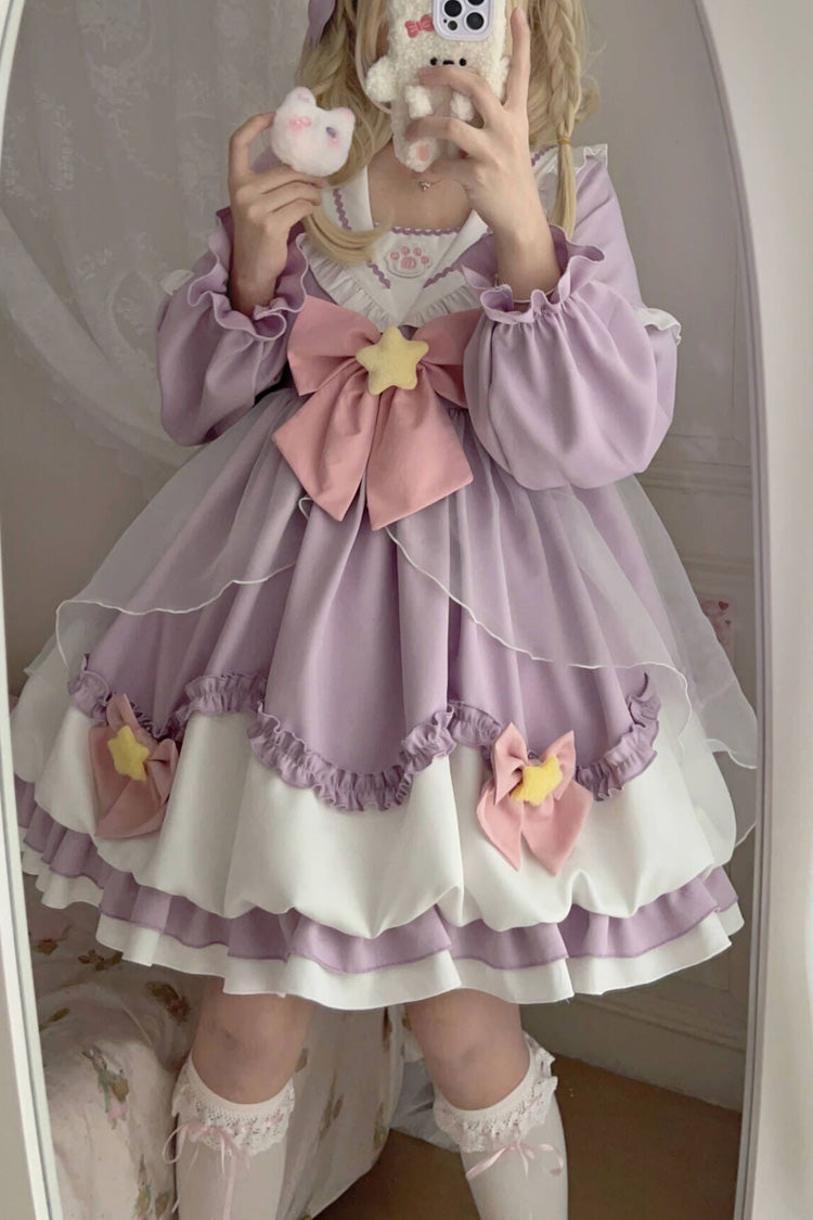 Pray Star Long Sleeves Double-Layered Ruffle Bowknot Stitching Lace Sweet Lolita Dress 5 Colors